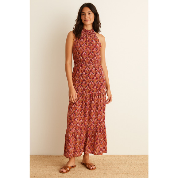 Taylor Pink Purple Peacock Feather Print Halter Maxi Dress Size 10 - Picture 1 of 10